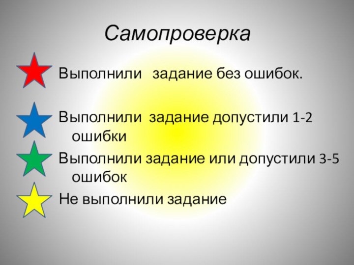 СамопроверкаВыполнили  задание без ошибок. Выполнили задание допустили 1-2  ошибкиВыполнили задание