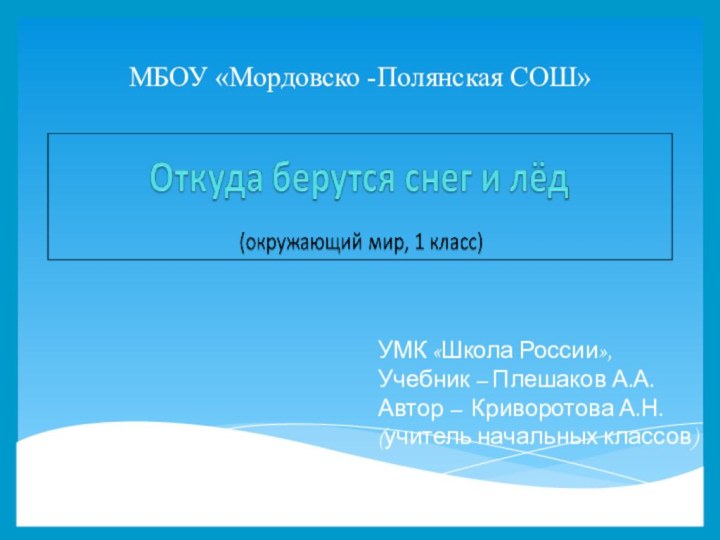 УМК «Школа России», Учебник – Плешаков А.А.Автор – Криворотова А.Н.(учитель начальных классов)МБОУ