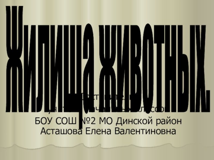 Составитель:учитель начальных классов БОУ СОШ №2 МО Динской район Асташова Елена ВалентиновнаЖилища животных.