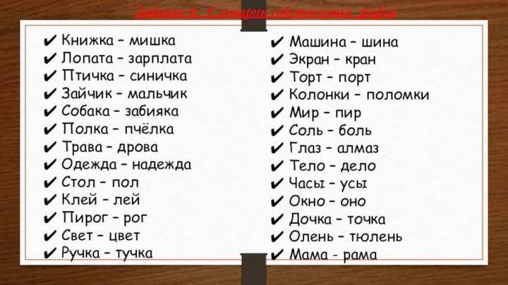 Задание 6. Словарик собственных рифмКнижка – мишкаЛопата – зарплатаПтичка – синичкаЗайчик –