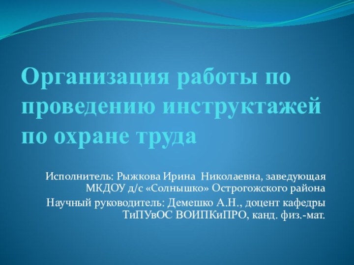 Организация работы по проведению инструктажей по охране труда Исполнитель: Рыжкова Ирина Николаевна,