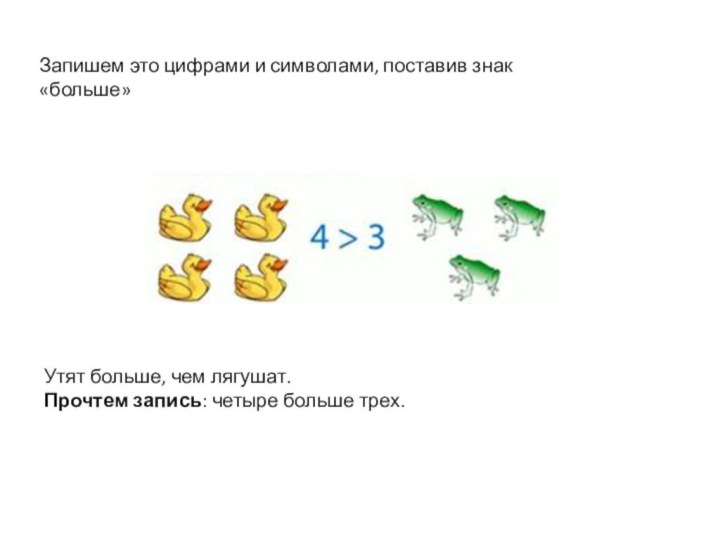 Утят больше, чем лягушат. Прочтем запись: четыре больше трех.Запишем это цифрами и символами, поставив знак «больше»