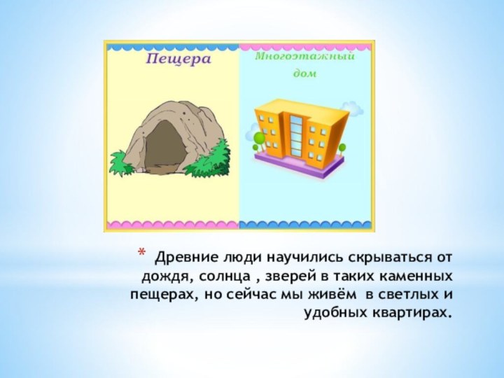 Древние люди научились скрываться от дождя, солнца , зверей в таких каменных