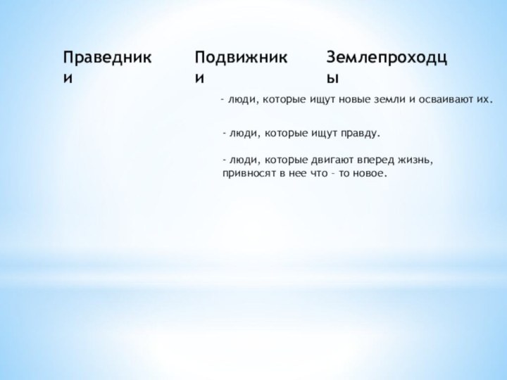 Праведники Подвижники Землепроходцы - люди, которые ищут правду. - люди, которые двигают