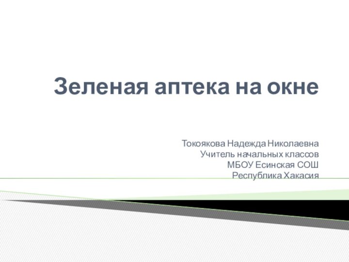 Зеленая аптека на окнеТокоякова Надежда НиколаевнаУчитель начальных классовМБОУ Есинская СОШРеспублика Хакасия