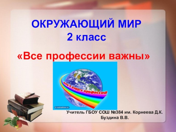 ОКРУЖАЮЩИЙ МИР 2 класс«Все профессии важны»Учитель ГБОУ СОШ №384 им. Корнеева Д.К.Буздина В.В.