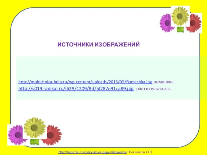 ИСТОЧНИКИ ИЗОБРАЖЕНИЙhttp://molochnica-help.ru/wp-content/uploads/2013/05/Romashka.jpg ромашкаhttp://s019.radikal.ru/i629/1209/8d/5f287e91ca89.jpg растительность