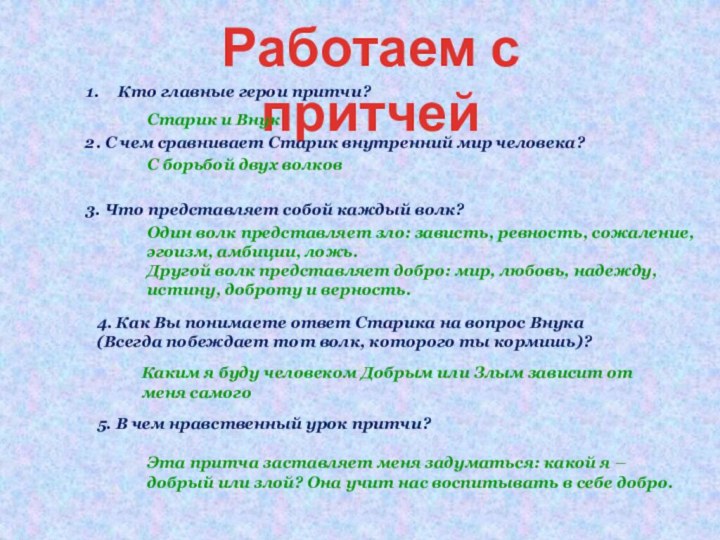 Работаем с притчейКто главные герои притчи?Старик и Внук3. Что представляет собой каждый