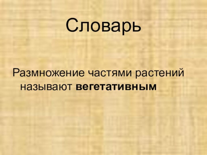 СловарьРазмножение частями растений называют вегетативным