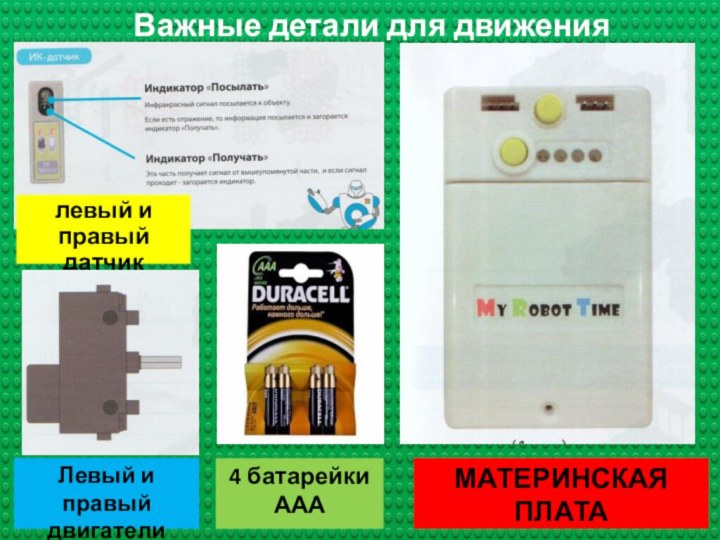 Важные детали для движения4 батарейки АААЛевый и правый двигателиМАТЕРИНСКАЯ ПЛАТАлевый и правый датчик