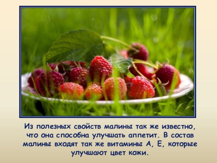 Из полезных свойств малины так же известно, что она способна улучшать аппетит.