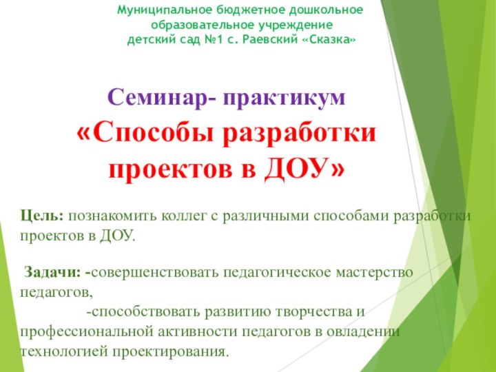 Цель: познакомить коллег с различными способами разработки проектов в ДОУ. Задачи: -совершенствовать