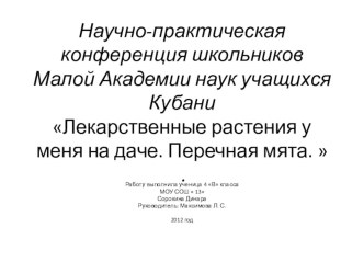 Научно-исследовательская работа Тема: Лекарственные растения у меня на даче. Перечная мята. проект по окружающему миру (4 класс)