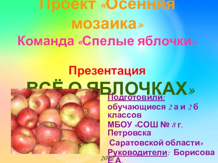 Проект «Осенняя мозаика» Команда «Спелые яблочки»  Презентация «ВСЁ О ЯБЛОЧКАХ» Подготовили: