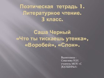 Поэтическая тетрадь. Литературное чтение. Саша Черный Что ты тискаешь утенка, Воробей,Слон. презентация к уроку по чтению (3 класс)