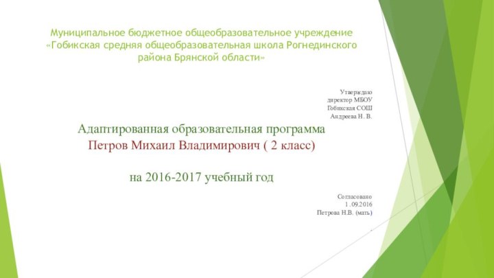 Муниципальное бюджетное общеобразовательное учреждение «Гобикская средняя общеобразовательная школа Рогнединского района Брянской области»Утверждаю