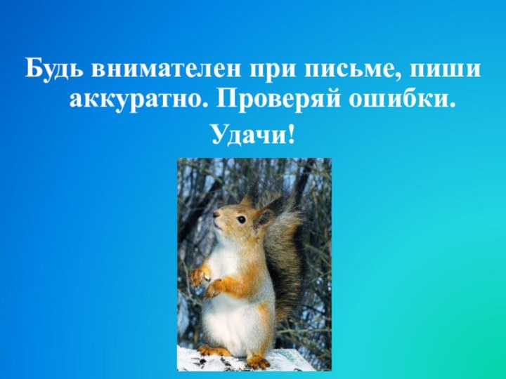 Будь внимателен при письме, пиши аккуратно. Проверяй ошибки. Удачи!