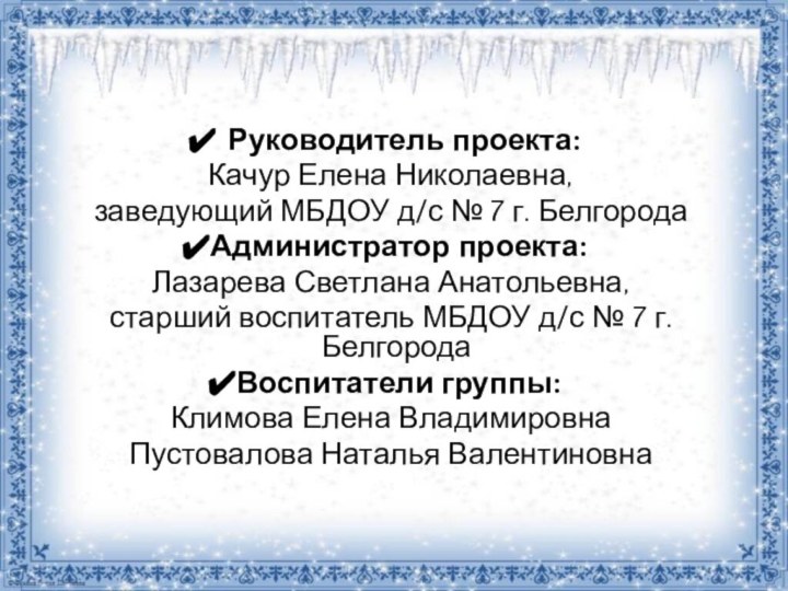 Руководитель проекта:Качур Елена Николаевна, заведующий МБДОУ д/с № 7 г. БелгородаАдминистратор проекта: