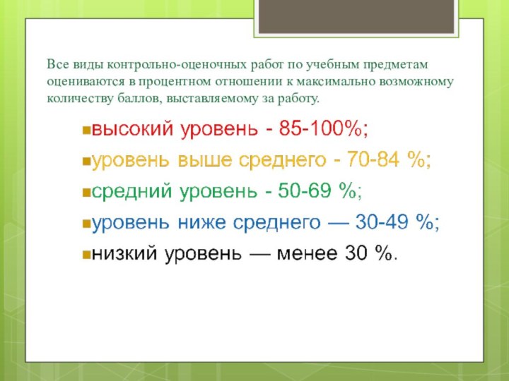 Все виды контрольно-оценочных работ по учебным предметам оцениваются в процентном отношении к