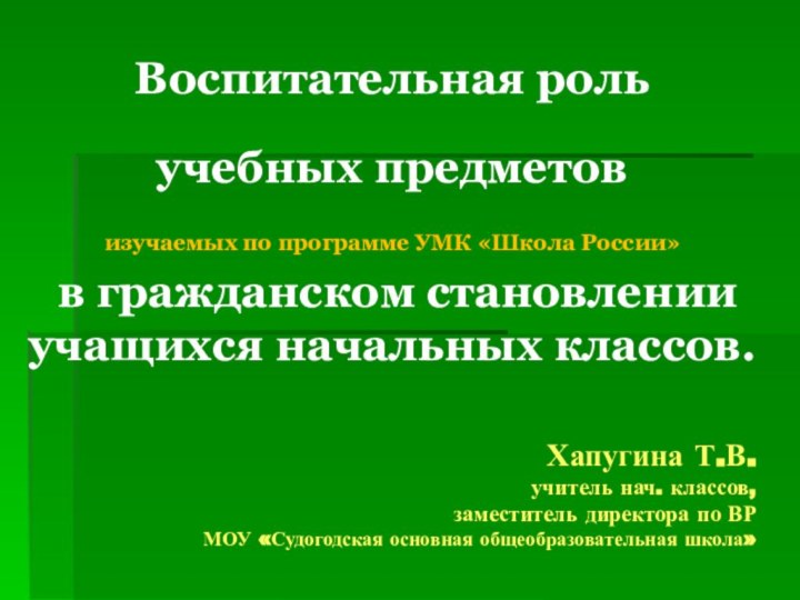 Хапугина Т.В. учитель нач. классов,  заместитель директора по ВР МОУ «Судогодская