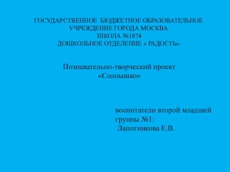 Познавательно-творческий проект  Солнышко Презентация проект по окружающему миру (младшая группа)