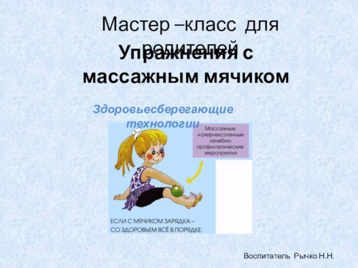 Здоровьесберегающие технологииУпражнения с массажным мячикомВоспитатель Рычко Н.Н.Мастер –класс для родителей