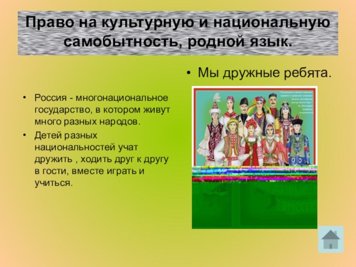 Право на культурную и национальную самобытность, родной язык.Россия - многонациональное государство, в