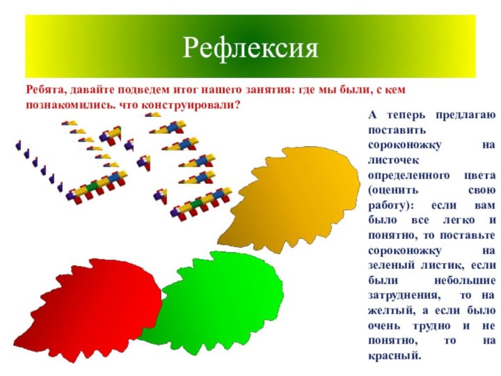 Рефлексия Ребята, давайте подведем итог нашего занятия: где мы были, с кем