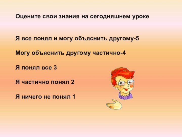 Оцените свои знания на сегодняшнем урокеЯ все понял и могу объяснить другому-5Могу