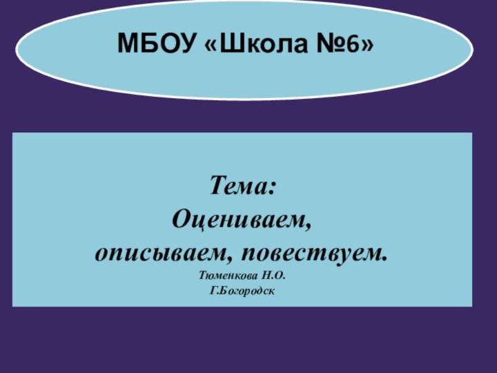 МБОУ «Школа №6»Тема:Оцениваем,описываем, повествуем.Тюменкова Н.О.Г.Богородск