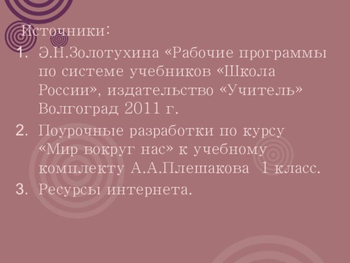 Источники:Э.Н.Золотухина «Рабочие программы по системе учебников «Школа России», издательство «Учитель» Волгоград 2011