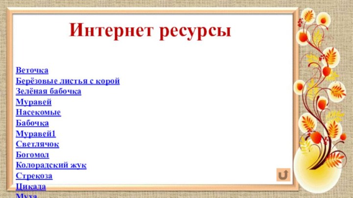 ВеточкаБерёзовые листья с корой Зелёная бабочка Муравей  Насекомые Бабочка Муравей1СветлячокБогомол