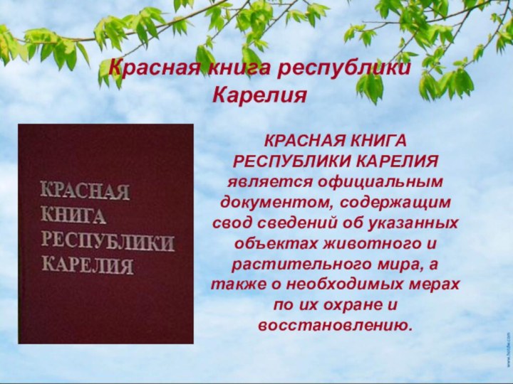 КРАСНАЯ КНИГА РЕСПУБЛИКИ КАРЕЛИЯ является официальным документом, содержащим свод сведений об указанных