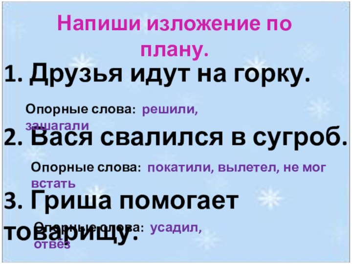 Напиши изложение по плану.1. Друзья идут на горку. 2. Вася свалился в