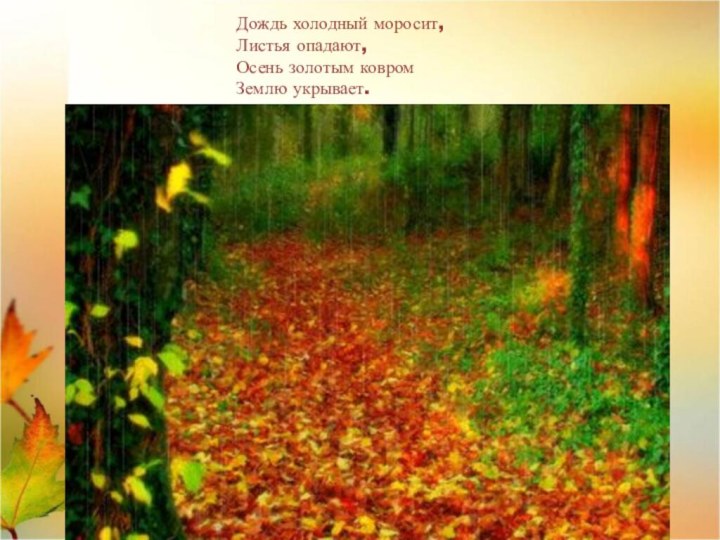 Дождь холодный моросит,Листья опадают,Осень золотым ковромЗемлю укрывает.