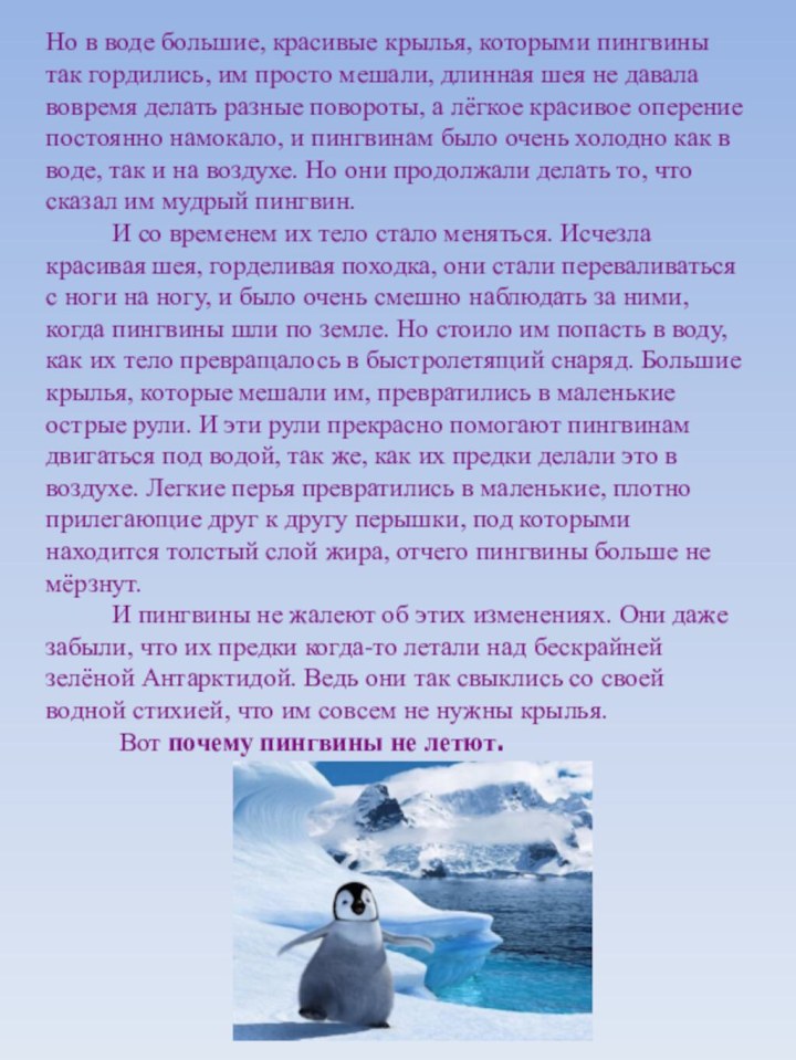 Но в воде большие, красивые крылья, которыми пингвины так гордились, им просто