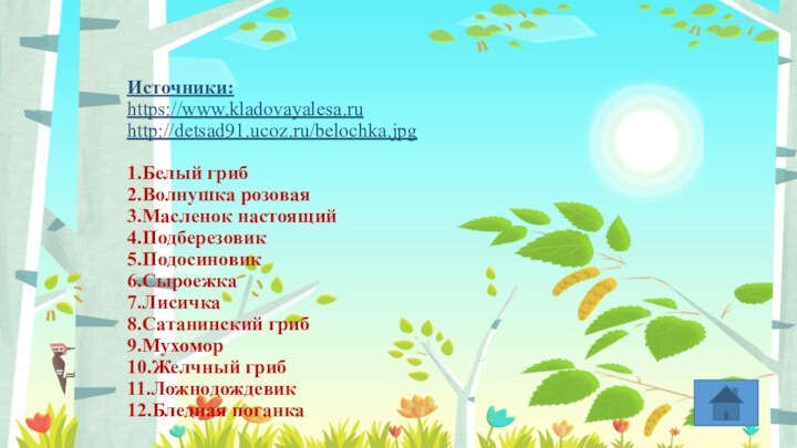 Источники: https://www.kladovayalesa.ru http://detsad91.ucoz.ru/belochka.jpg  1.Белый гриб 2.Волнушка розовая 3.Масленок настоящий 4.Подберезовик 5.Подосиновик