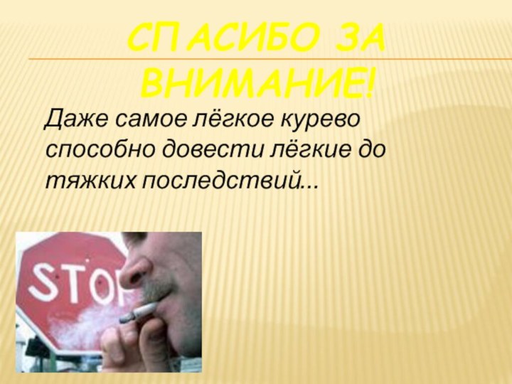 Спасибо за внимание!Даже самое лёгкое курево способно довести лёгкие до тяжких последствий…