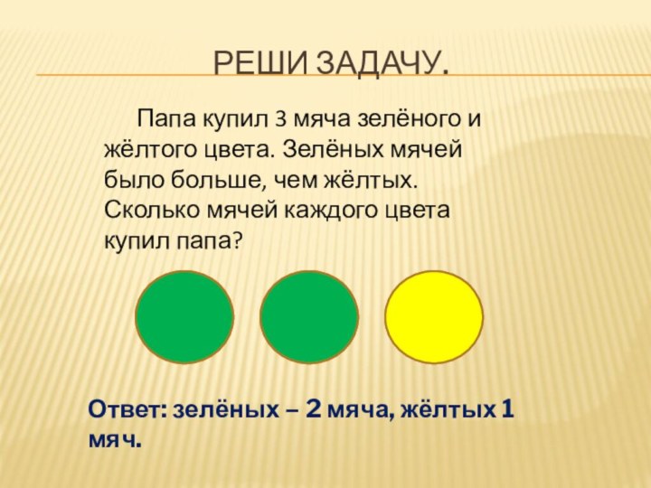 Реши задачу.	Папа купил 3 мяча зелёного и жёлтого цвета. Зелёных мячей было