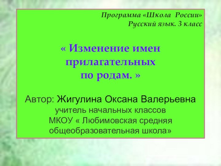 Программа «Школа России»Русский язык. 3 класс« Изменение имен прилагательных по родам. »Автор: