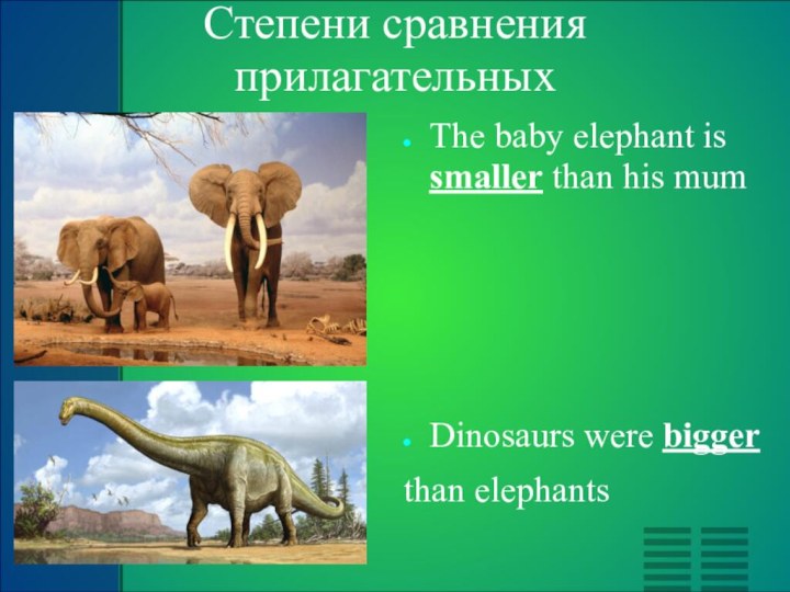 Степени сравнения прилагательных The baby elephant is smaller than his mum