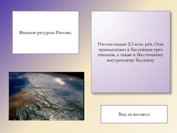 Водные ресурсы России.Вид из космосаРоссии свыше 2,5 млн. рек. Они принадлежат к