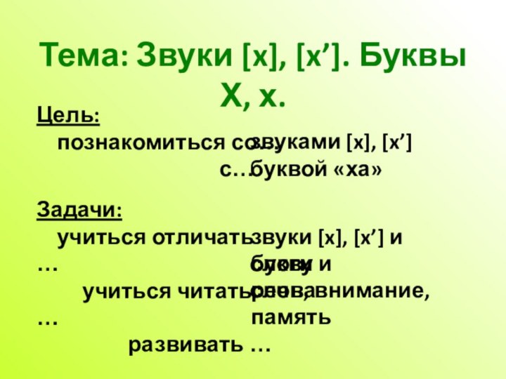 Тема: Звуки [x], [x’]. Буквы Х, х.Цель:  познакомиться со…