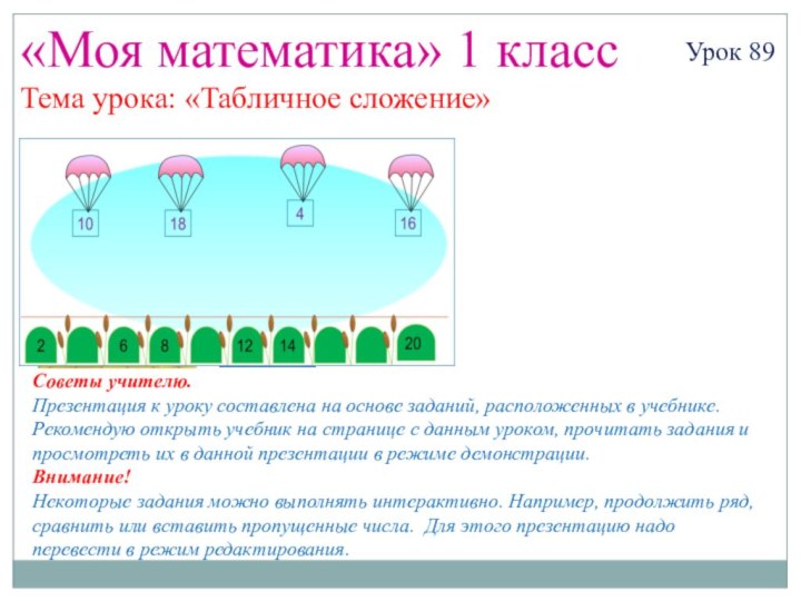 «Моя математика» 1 классУрок 89Тема урока: «Табличное сложение»Советы учителю.Презентация к уроку составлена