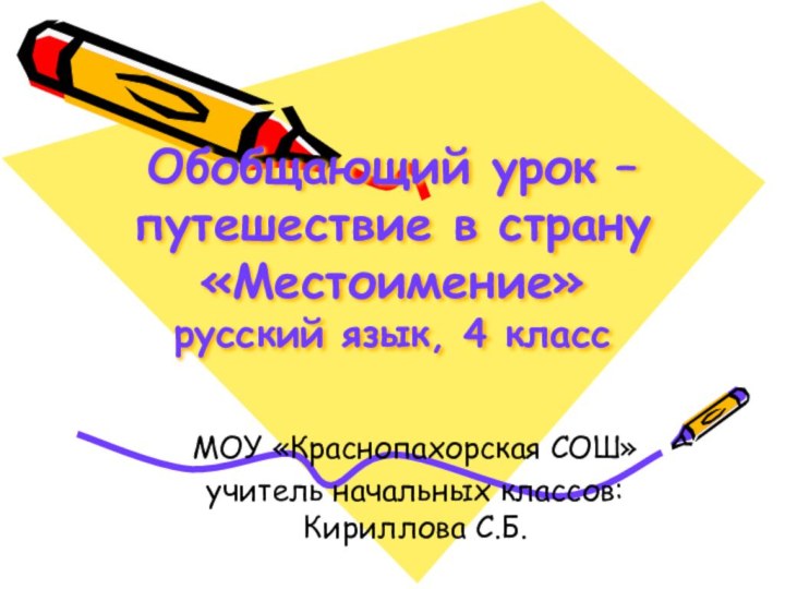 Обобщающий урок – путешествие в страну «Местоимение» русский язык, 4 классМОУ «Краснопахорская