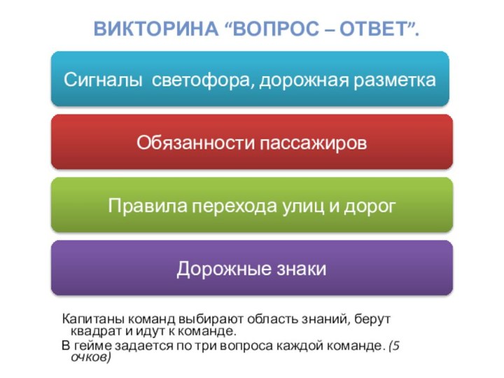 ВИКТОРИНА “ВОПРОС – ОТВЕТ”.   Капитаны команд выбирают область знаний, берут