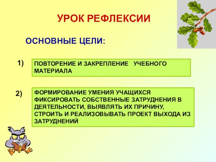 УРОК РЕФЛЕКСИИОСНОВНЫЕ ЦЕЛИ:ПОВТОРЕНИЕ И ЗАКРЕПЛЕНИЕ  УЧЕБНОГО МАТЕРИАЛАФОРМИРОВАНИЕ УМЕНИЯ УЧАЩИХСЯ ФИКСИРОВАТЬ СОБСТВЕННЫЕ