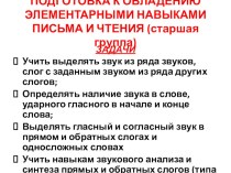 Родительское собрание : Подготовка к овладению элементарными навыками чтения и письма. консультация по логопедии (старшая группа)