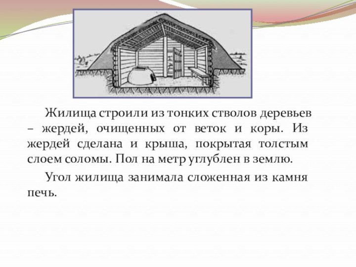 Жилища строили из тонких стволов деревьев – жердей, очищенных от веток и