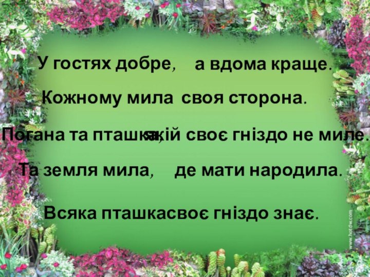 У гостях добре, 	а вдома краще.			Кожному мила 			своя сторона. 			Погана та пташка,